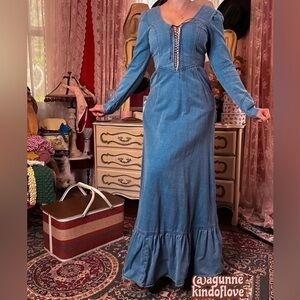Gunne Sax Blue Maxi Denim Dress with Lace-Up Bodice size 9